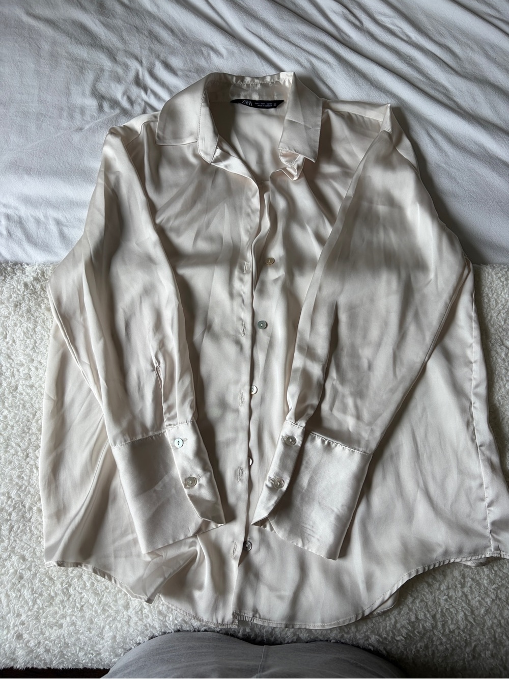 Zara Satin Off-White Button-Up Shirt